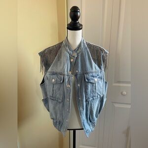 New! Denim Vest with Jeweled Fringe